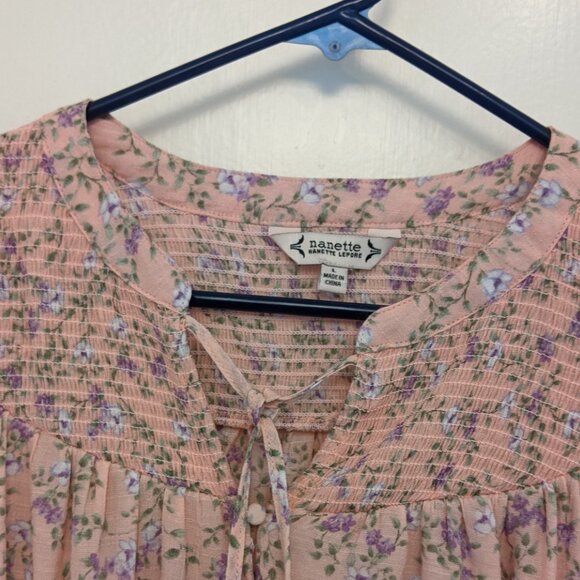 Vintage Nanette Lepore Pink Floral Womens Blouse Large Smocked Tassel Boho Y2K - Picture 2 of 10